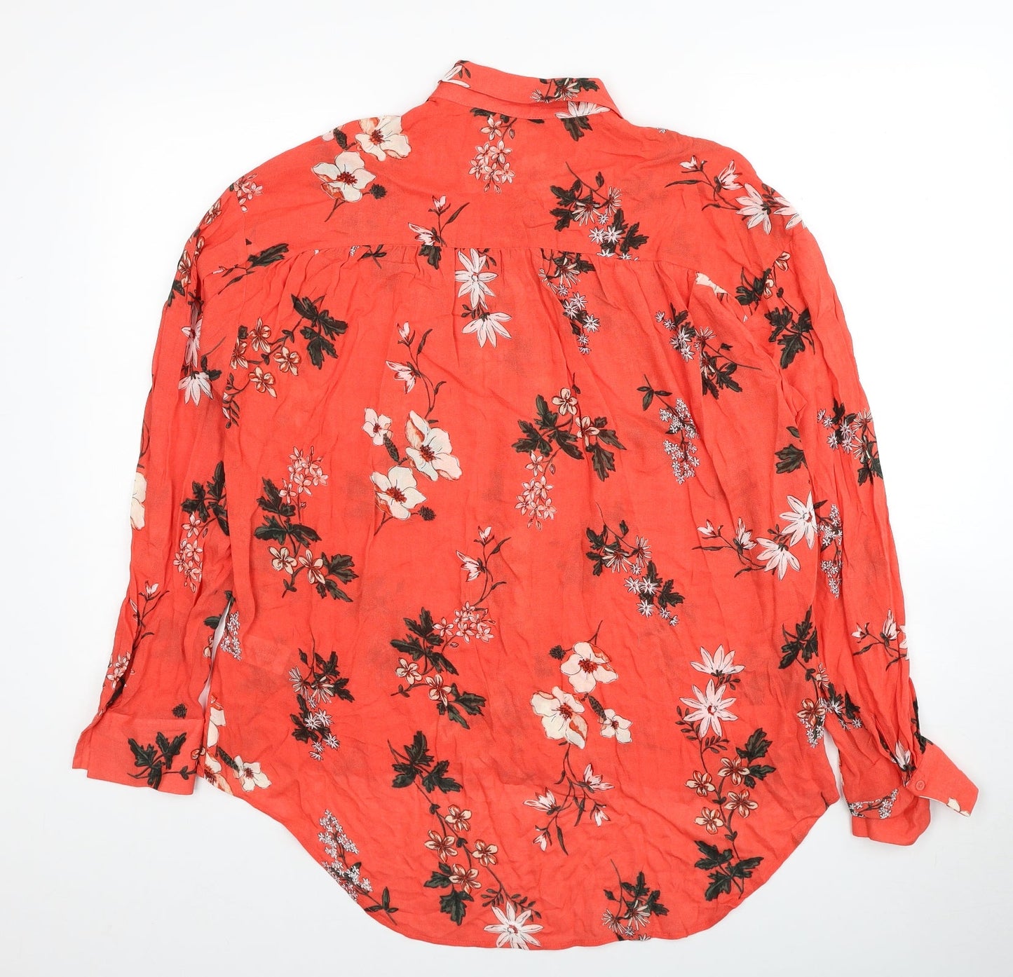 Marks and Spencer Womens Red Geometric Viscose Basic Button-Up Size 14 V-Neck