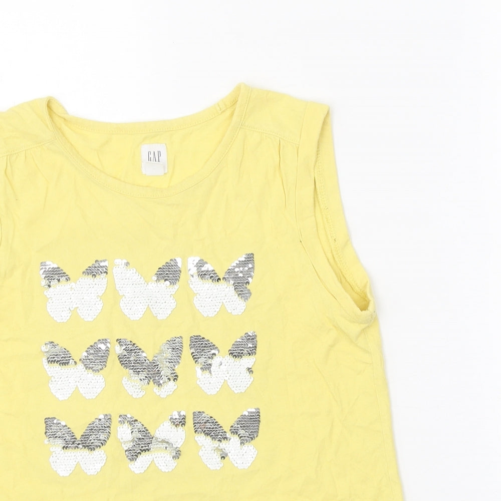 Gap Girls Yellow 100% Cotton Basic Tank Size 10-11 Years Round Neck Pullover - Butterfly