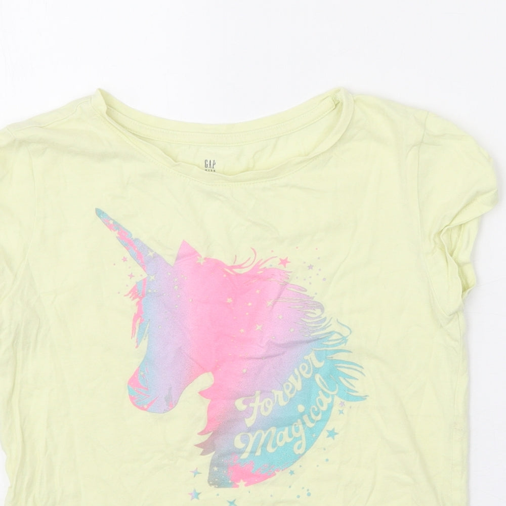 Gap Girls Yellow 100% Cotton Basic T-Shirt Size 12-13 Years Round Neck Pullover - Unicorn