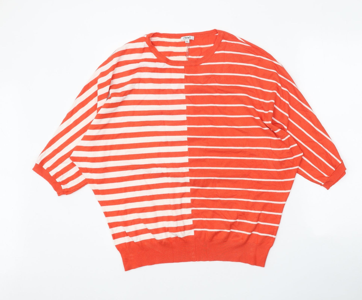 Text Womens Orange Round Neck Striped Viscose Pullover Jumper Size XL