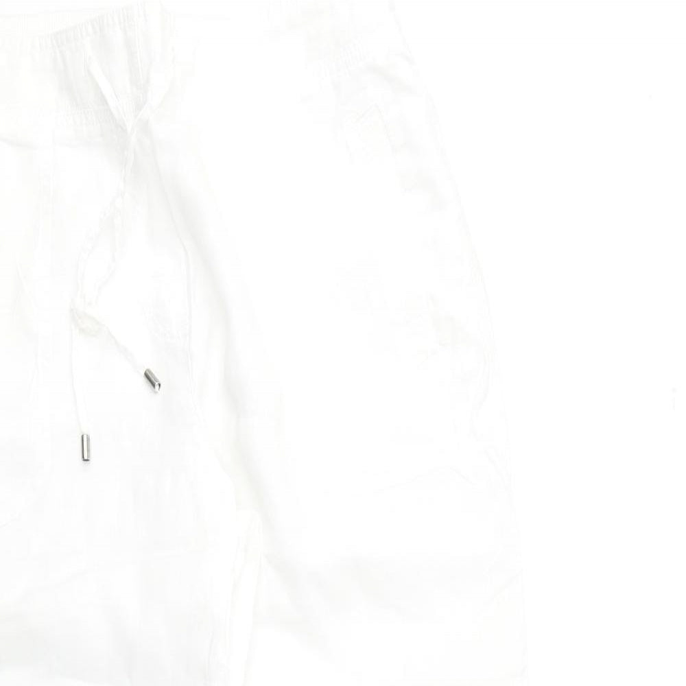 Marks and Spencer Womens White Cotton Cropped Trousers Size 16 Regular Drawstring