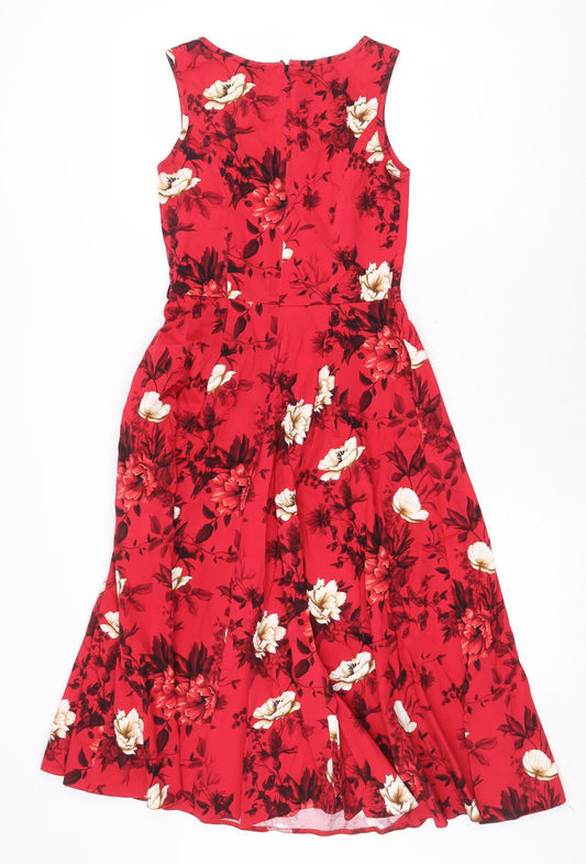 Lady Vintage Womens Red Floral Cotton A-Line Size 8 Boat Neck Zip