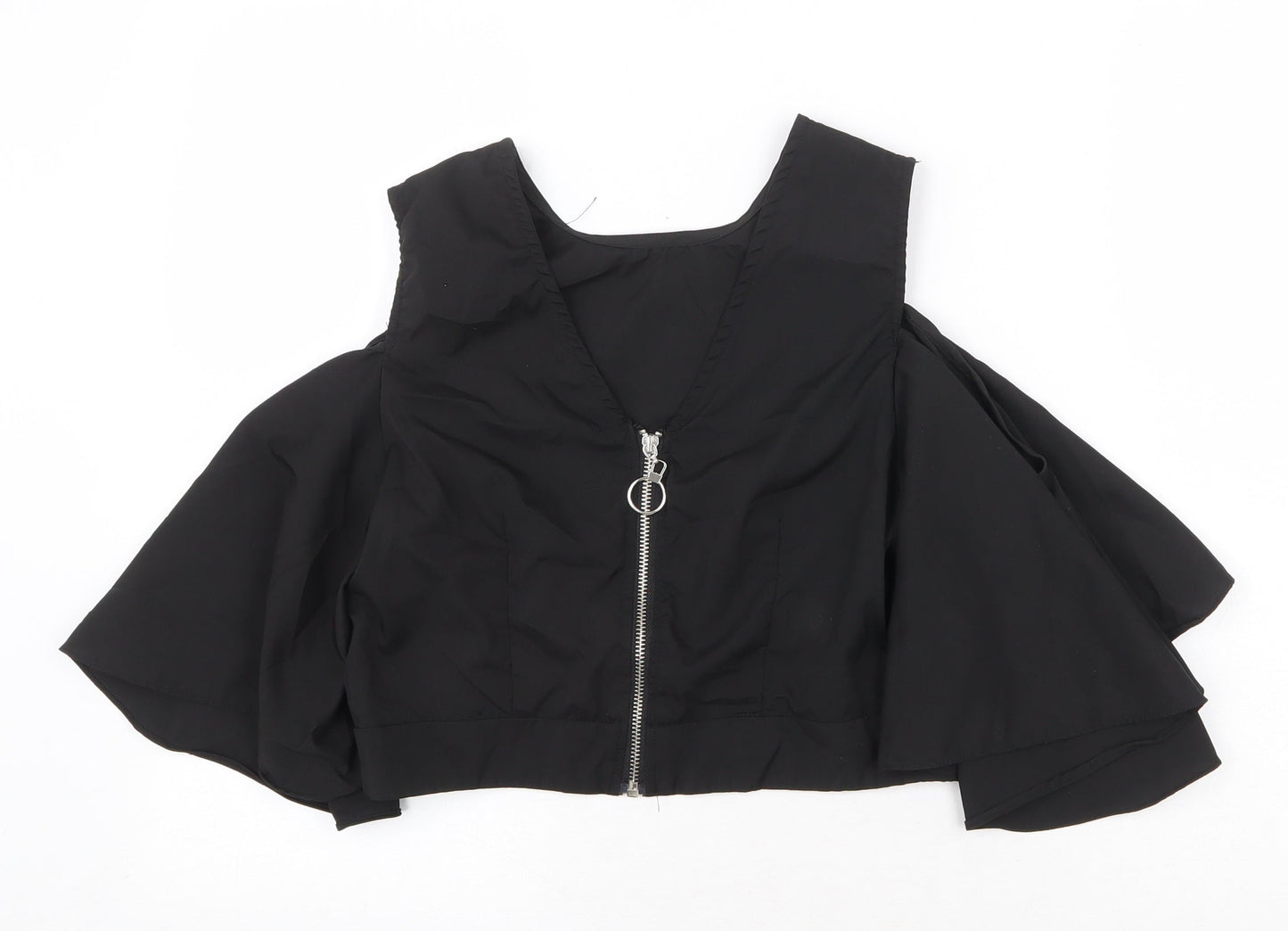 Flammode Womens Black Polyester Cropped Blouse Size S V-Neck - Cold Shoulder Angel Sleeve