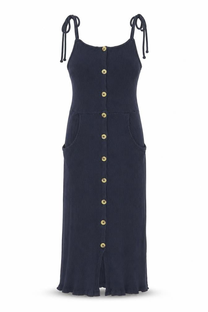 Brave Soul Womens Blue Cotton A-Line Size L Square Neck Button - Ribbed Tie Shoulder Detail