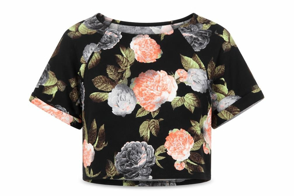 Boohoo Womens Black Floral Polyester Cropped T-Shirt Size 10 Boat Neck