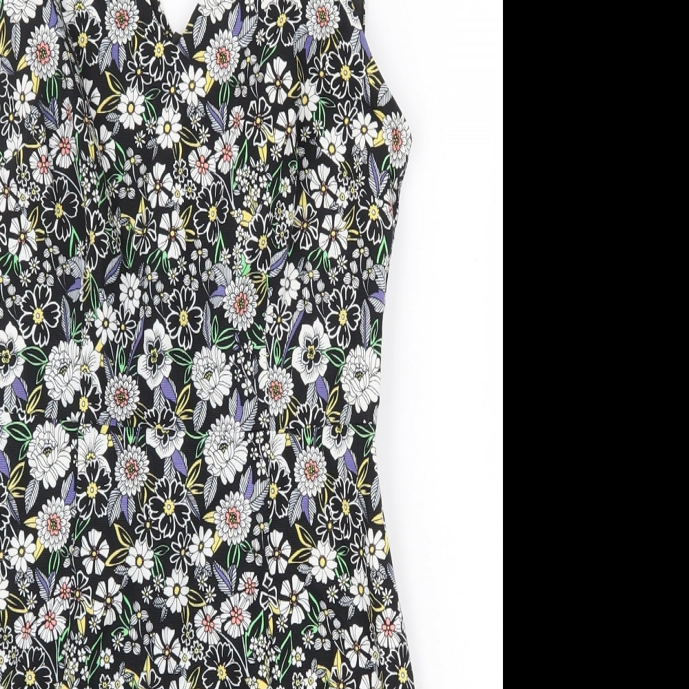 New Look Womens Black Floral 100% Cotton Mini Size 10 V-Neck Zip