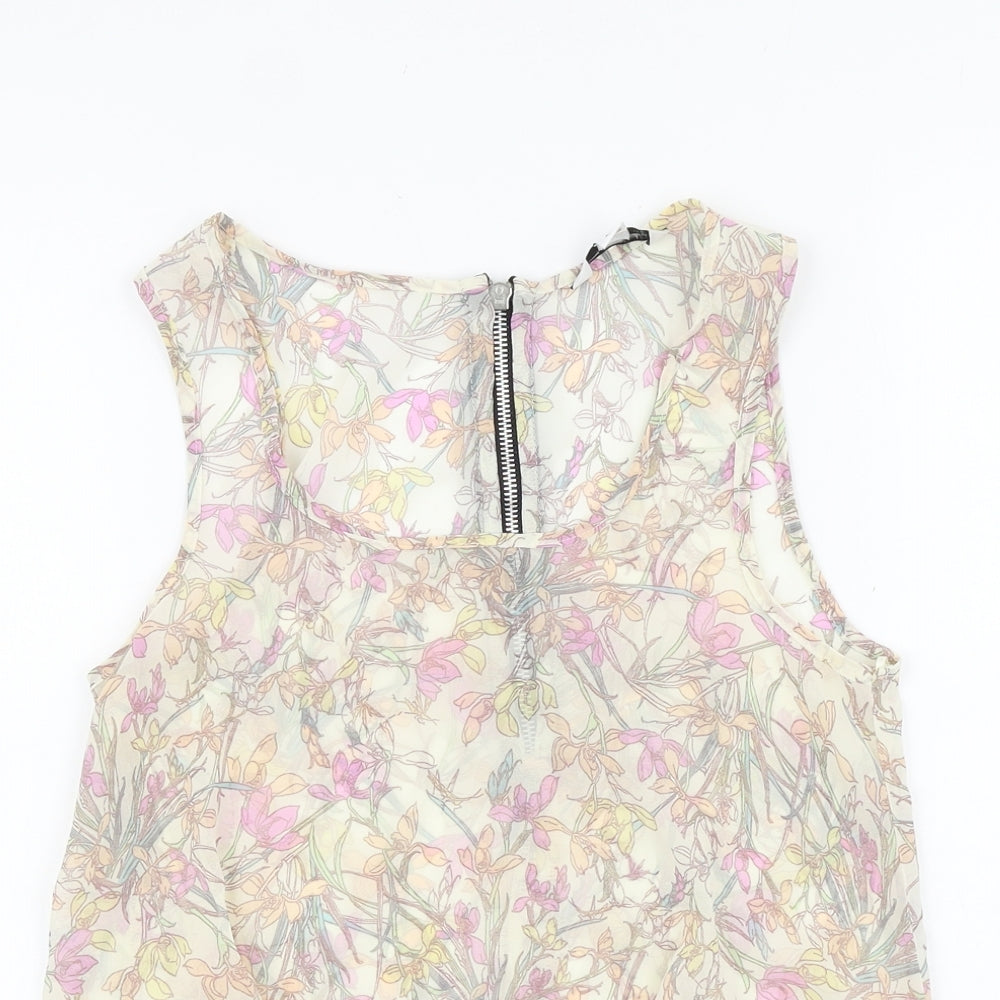 New Look Womens Beige Floral Polyester Basic Tank Size 8 Scoop Neck