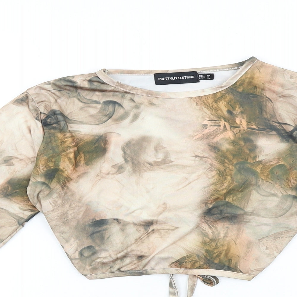 PRETTYLITTLETHING Womens Brown Geometric Polyester Cropped T-Shirt Size 10 Round Neck