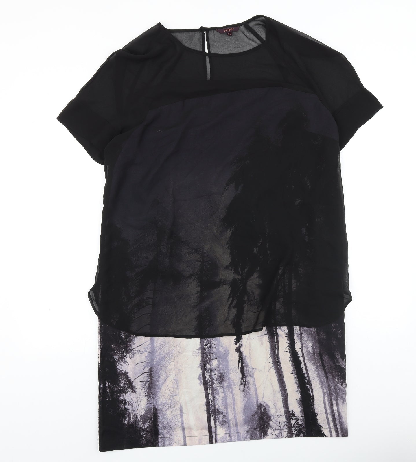 Juniper Womens Black Geometric Polyester Shift Size 12 Scoop Neck Button - Chiffon Overlay Forrest Print