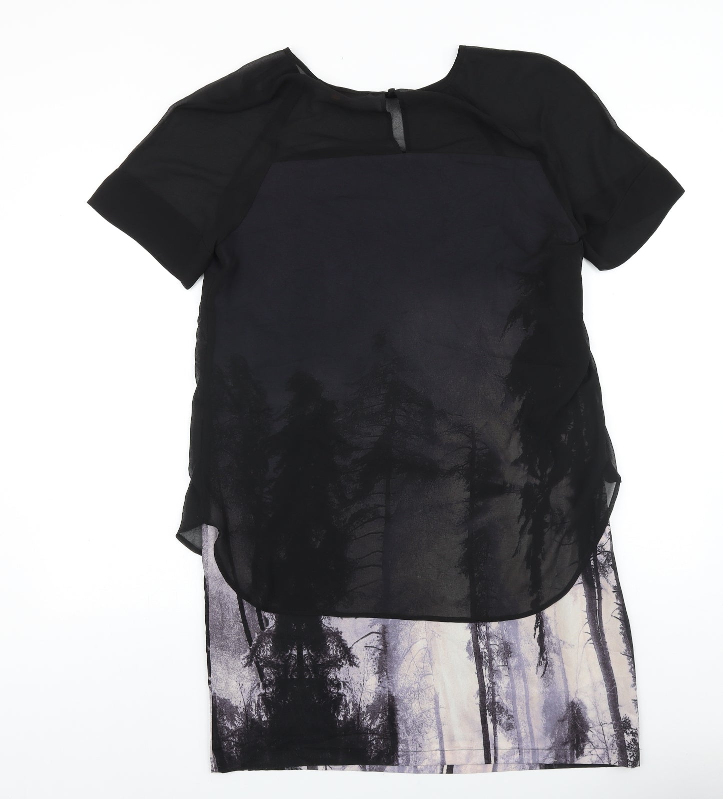Juniper Womens Black Geometric Polyester Shift Size 12 Scoop Neck Button - Chiffon Overlay Forrest Print