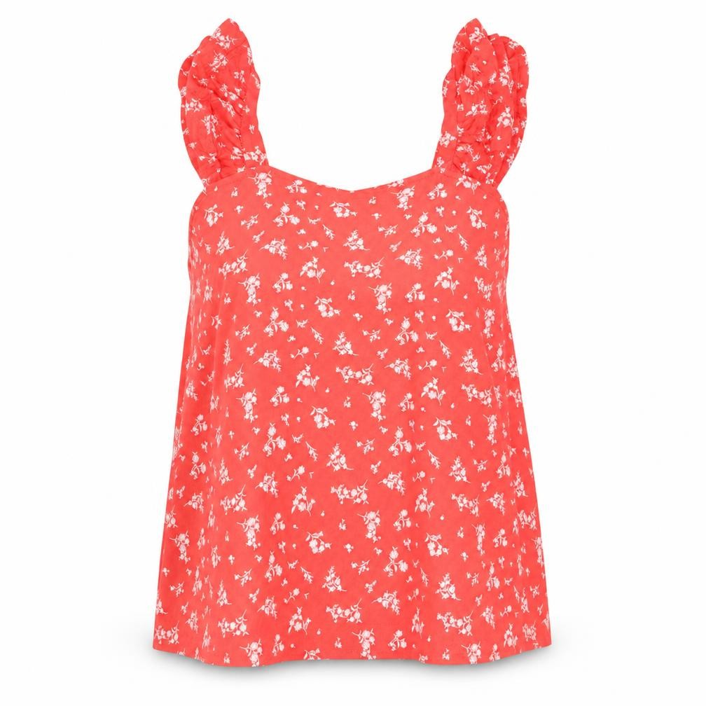 Marks and Spencer Womens Red Floral 100% Cotton Basic Tank Size 8 Round Neck