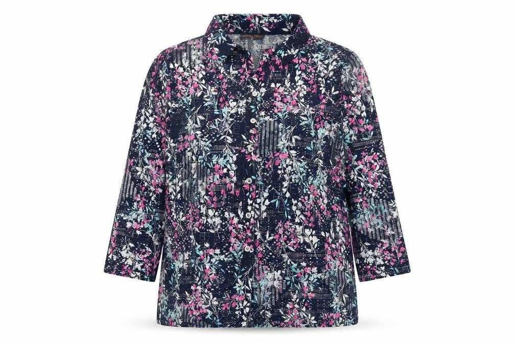 Anna Rose Womens Blue Geometric Polyester Basic Button-Up Size XL V-Neck