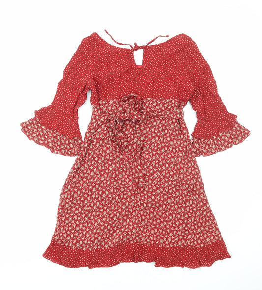 Antoine Lili Womens Red Floral Polyester Fit & Flare Size 8 Boat Neck Pullover - Flute Sleeves