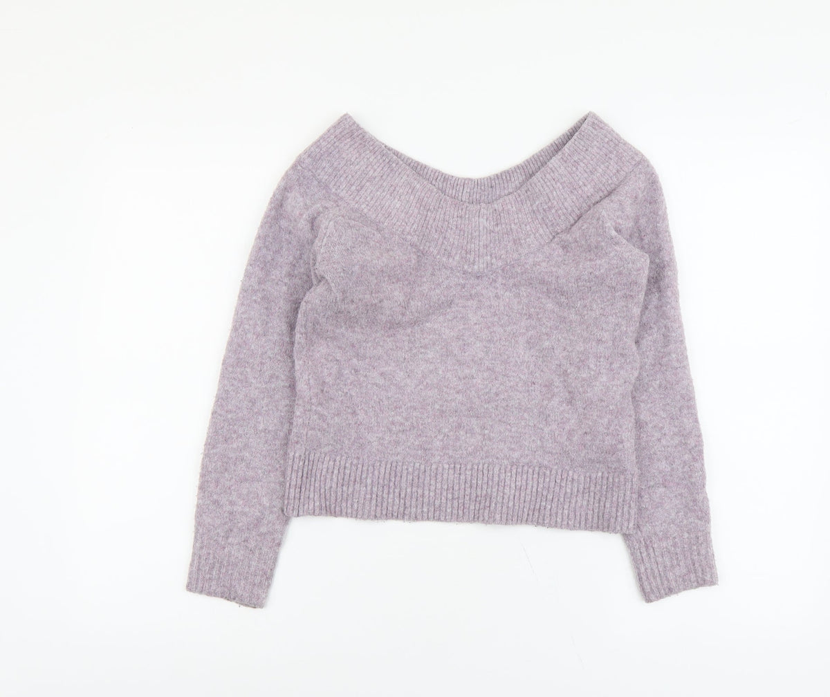 H&M Womens Purple V-Neck Acrylic Pullover Jumper Size XS