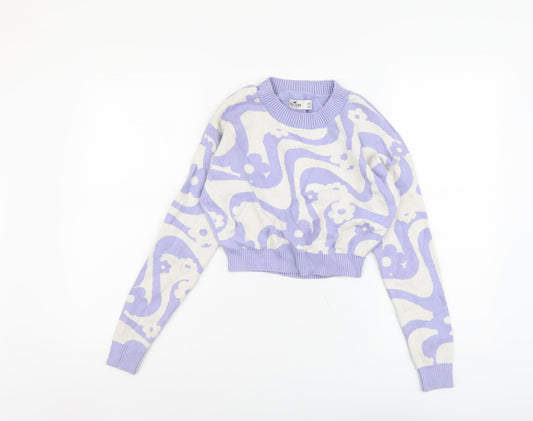 Hollister Womens Purple Round Neck Geometric Cotton Pullover Jumper Size 2XS