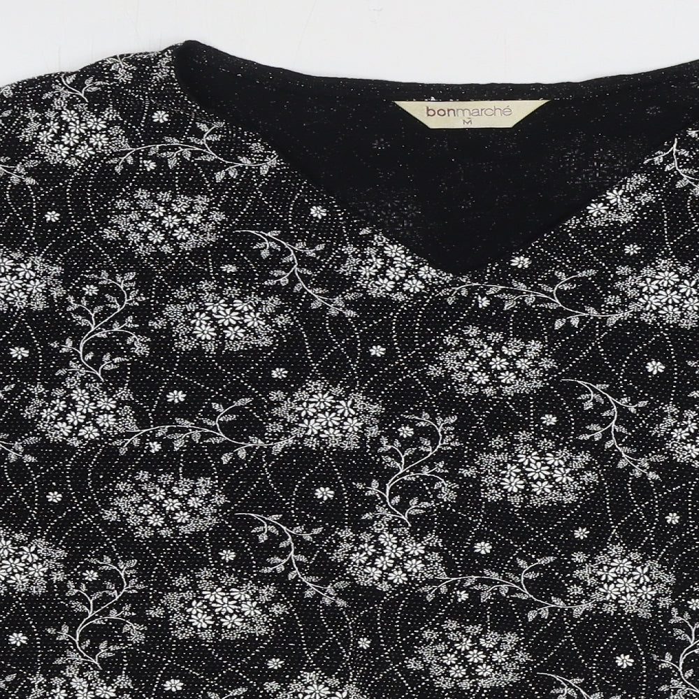 Bonmarché Womens Black Geometric Nylon Basic Blouse Size M V-Neck