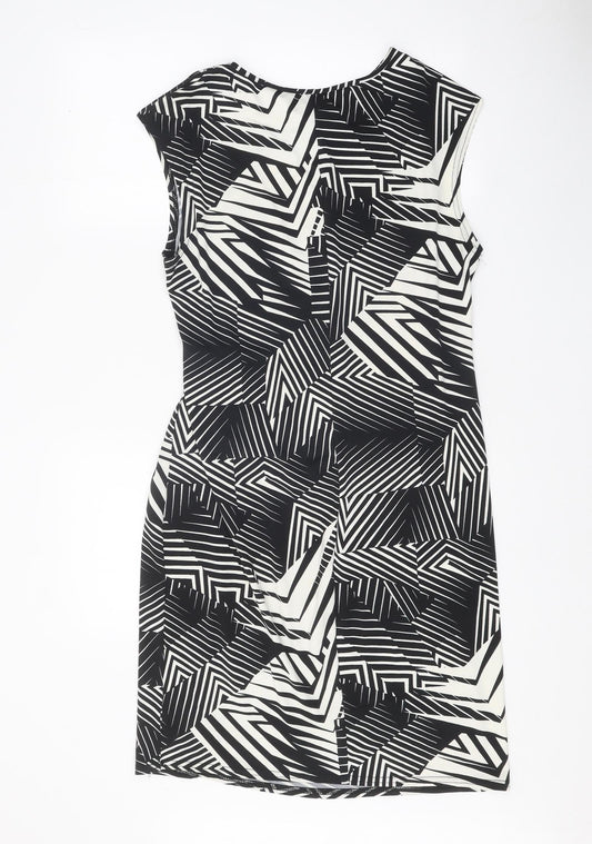 Preworn Womens Black Geometric Polyester Shift One Size Boat Neck Buckle - Tie Detail