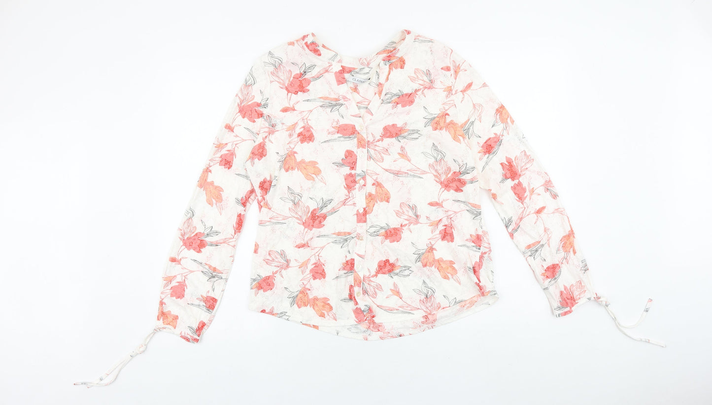Marks and Spencer Womens White Floral Viscose Basic Button-Up Size 14 V-Neck