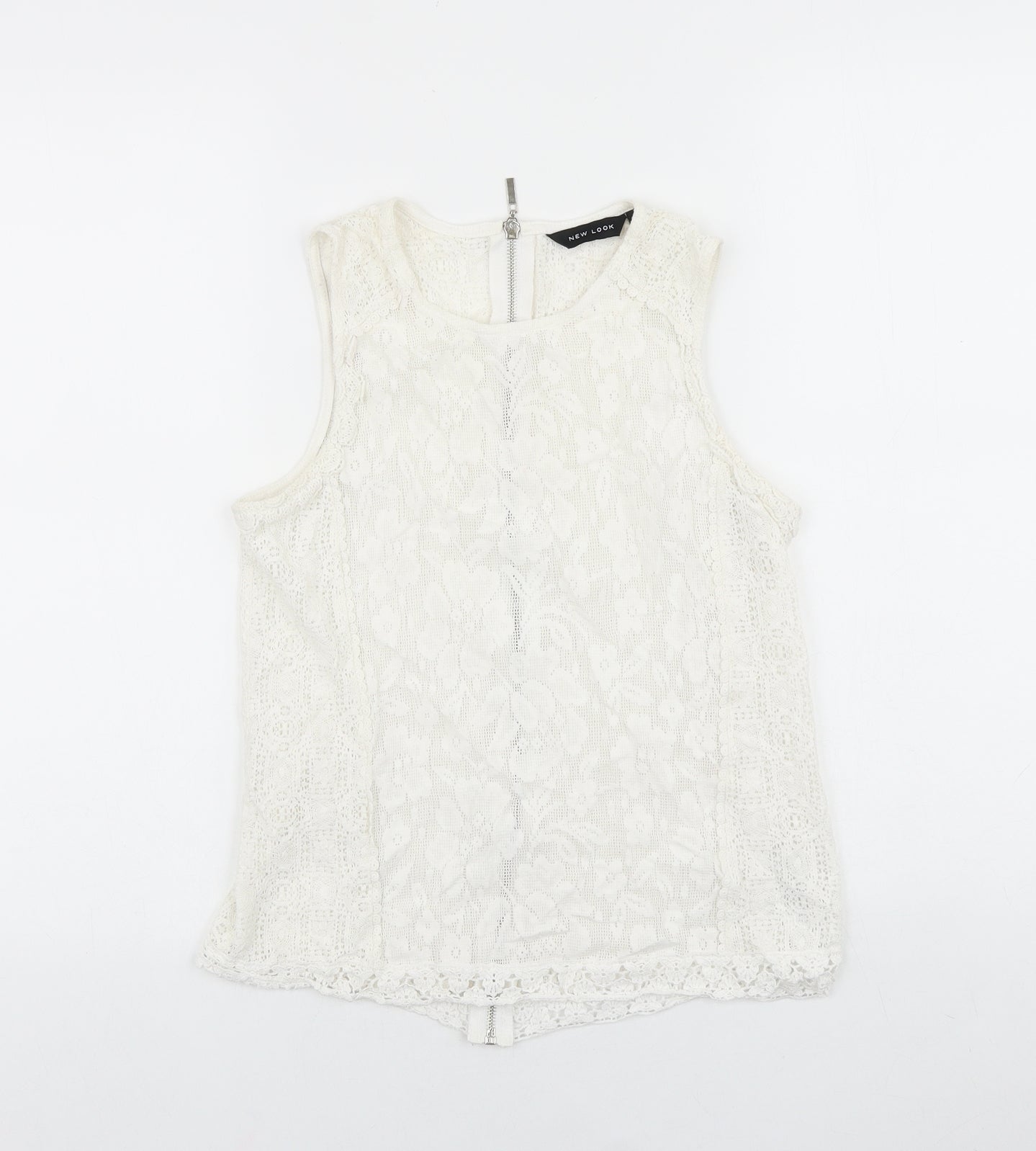 New Look Womens White Floral Polyamide Basic Tank Size 10 Round Neck