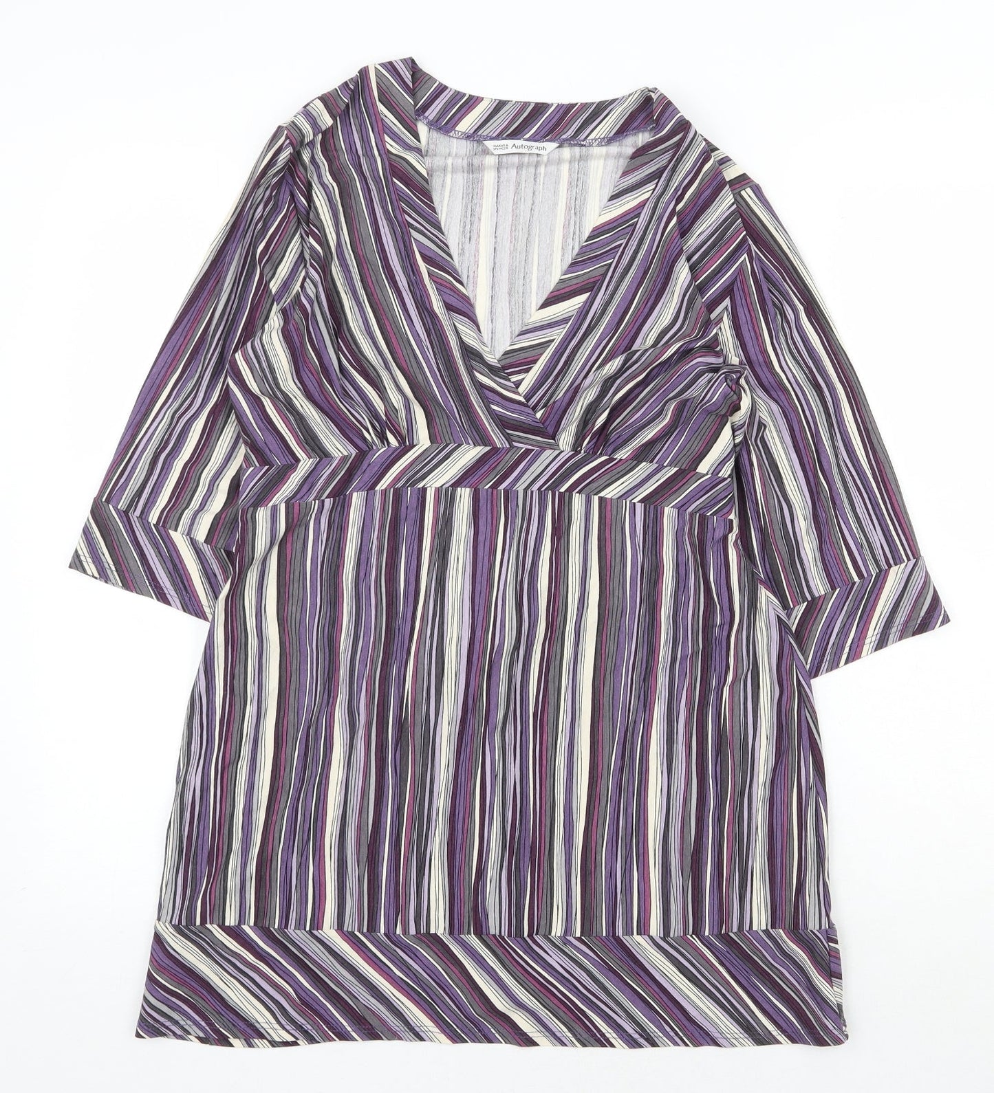 Marks and Spencer Womens Purple Striped Viscose A-Line Size 14 V-Neck Tie
