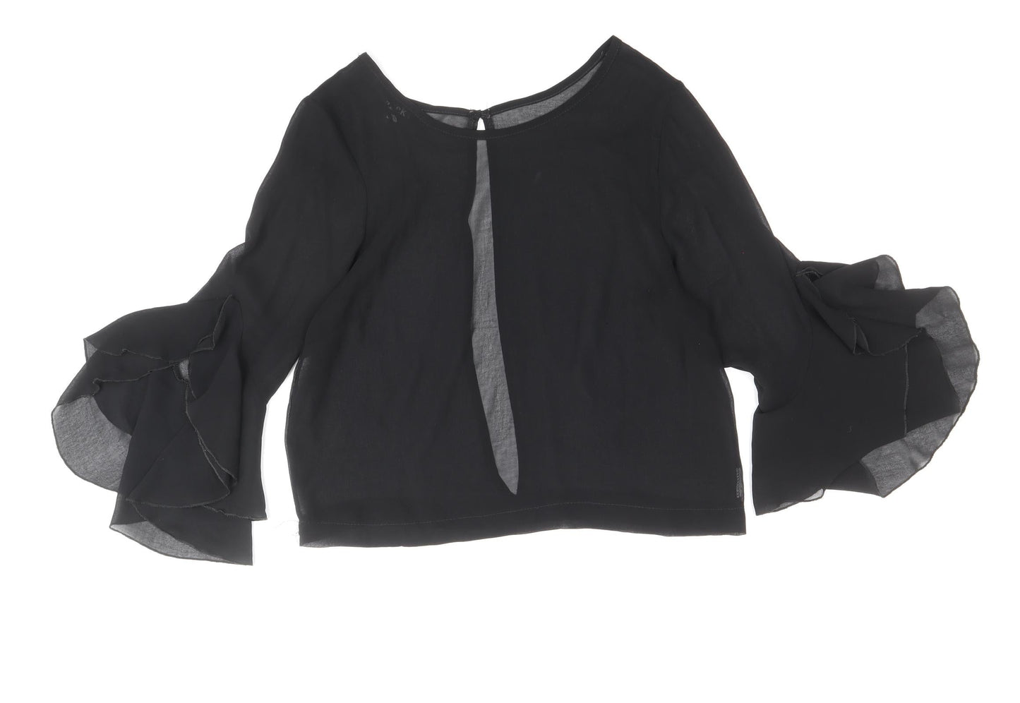 Zack Womens Black Polyester Basic Blouse Size M Boat Neck - Bell Sleeve, Open Back