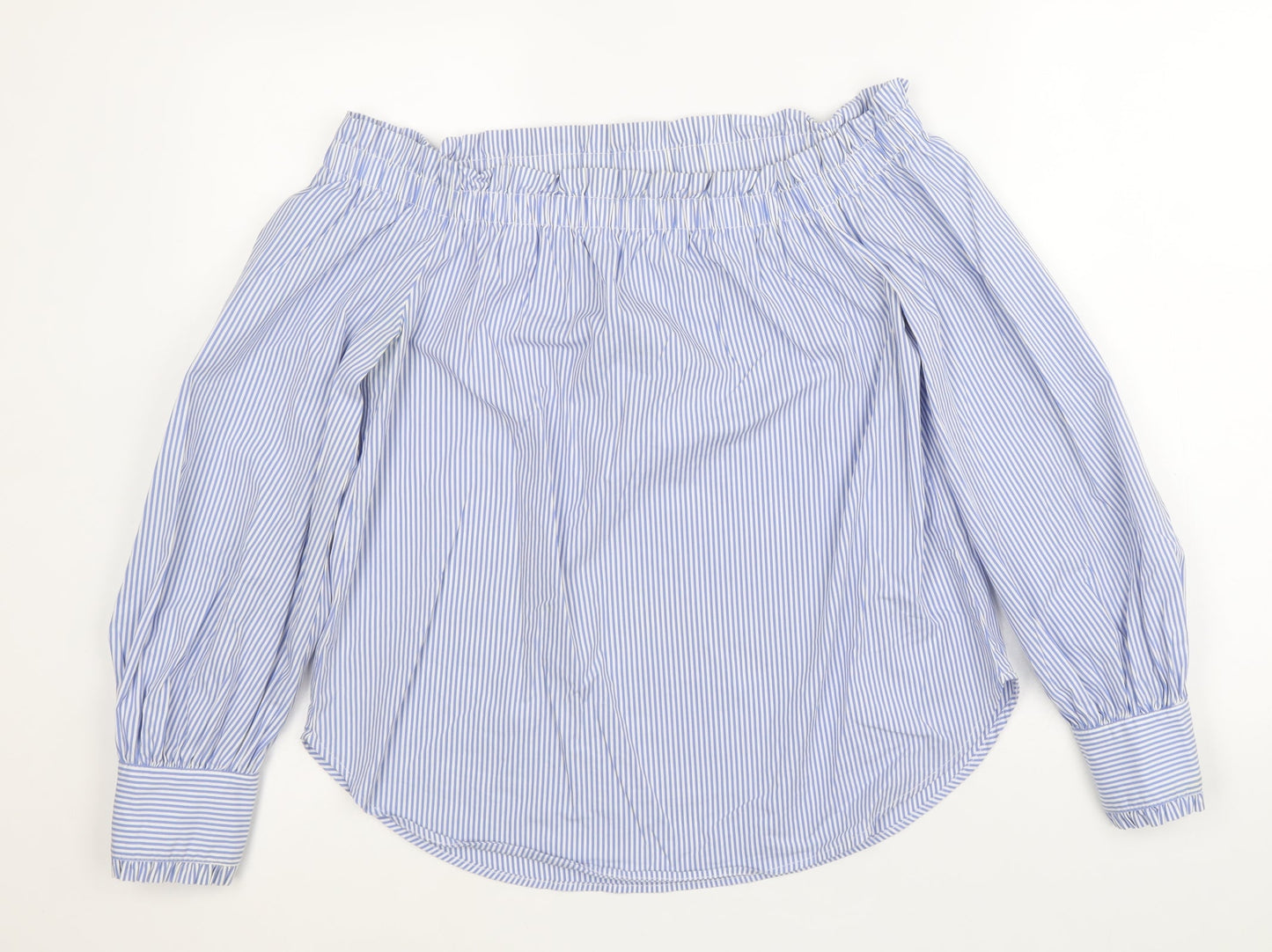 New Look Womens Blue Striped Cotton Basic Blouse Size 12 Boat Neck
