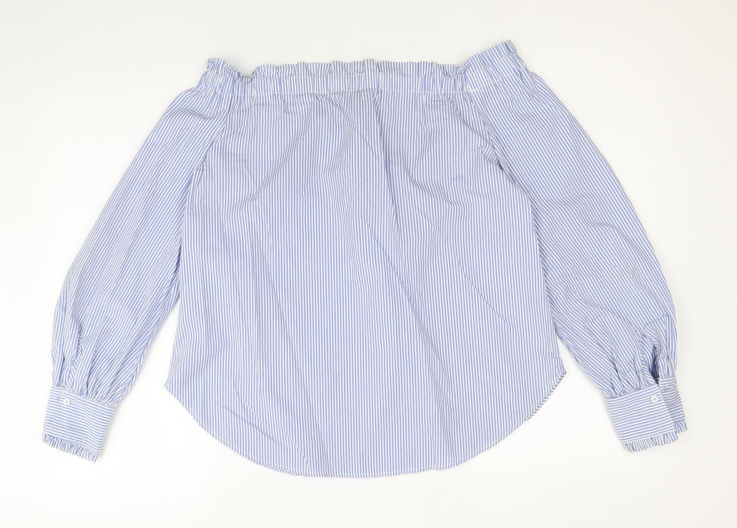New Look Womens Blue Striped Cotton Basic Blouse Size 12 Boat Neck