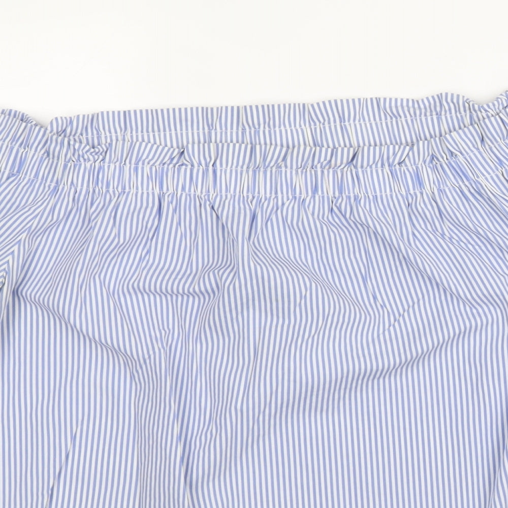 New Look Womens Blue Striped Cotton Basic Blouse Size 12 Boat Neck