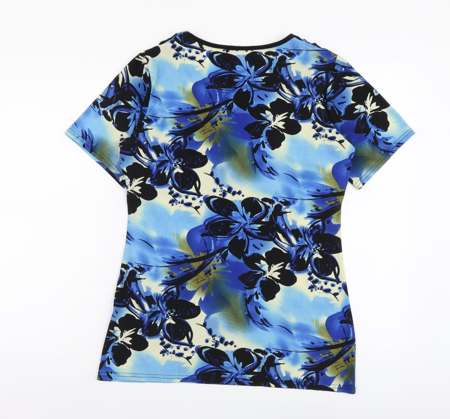 Mega Design Womens Blue Floral Polyester Basic T-Shirt Size 14 V-Neck
