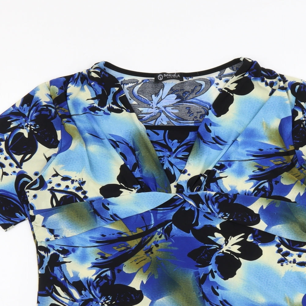 Mega Design Womens Blue Floral Polyester Basic T-Shirt Size 14 V-Neck