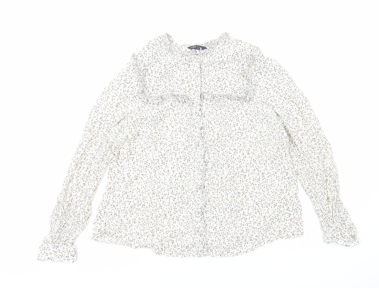 Marks and Spencer Womens White Floral Viscose Basic Button-Up Size 14 Round Neck