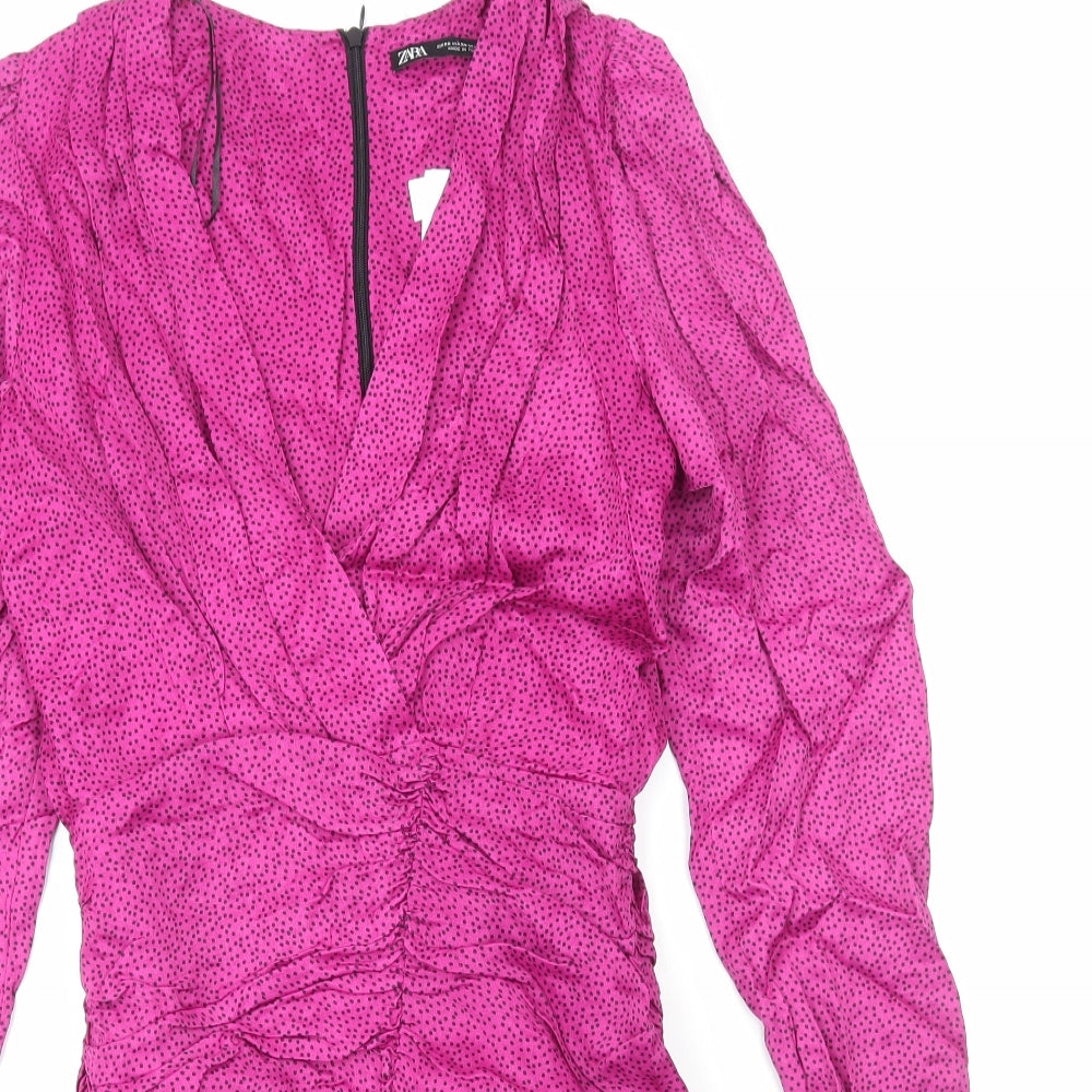 Zara Womens Pink Animal Print Polyester Bodycon Size XS V-Neck Zip - Pleat Detail