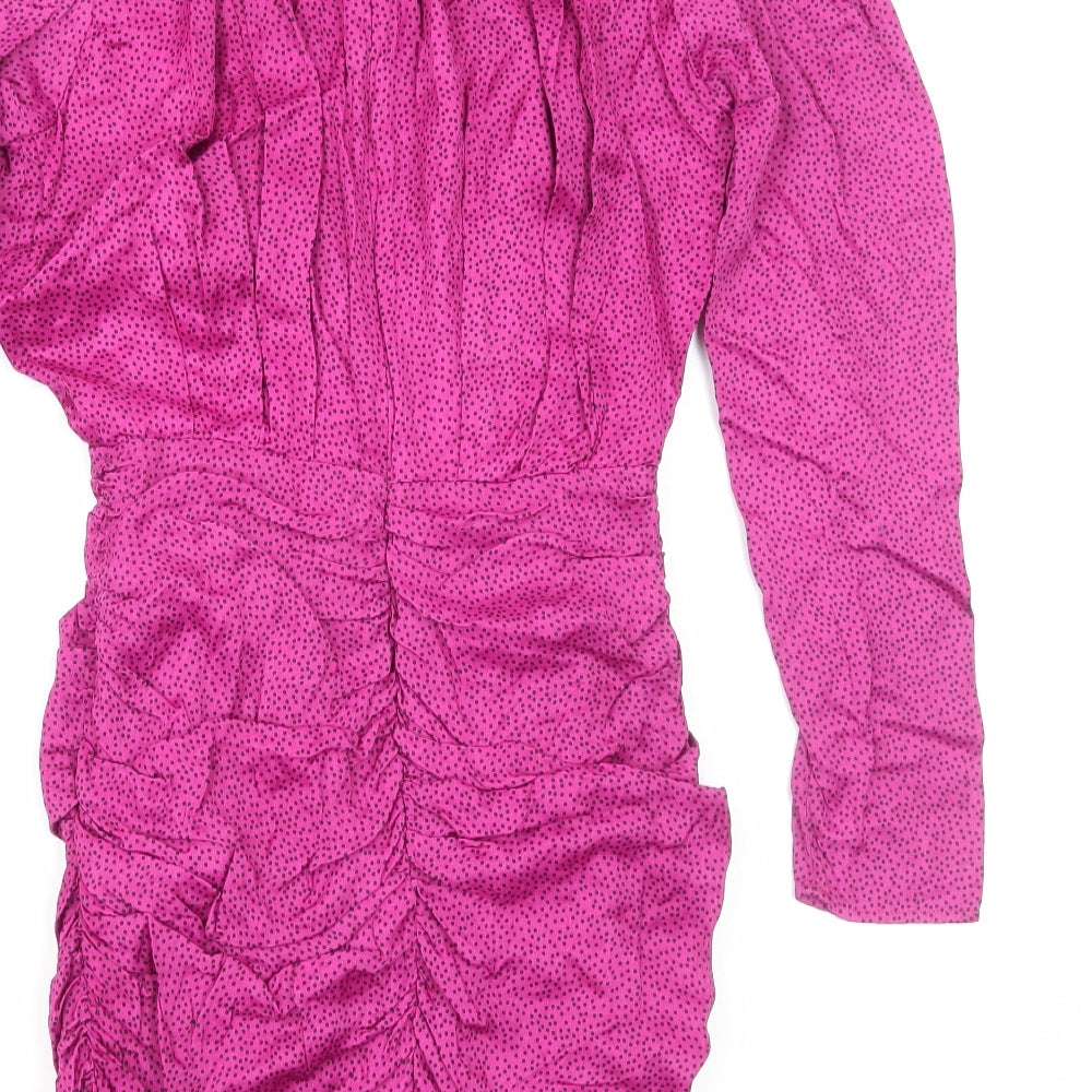 Zara Womens Pink Animal Print Polyester Bodycon Size XS V-Neck Zip - Pleat Detail