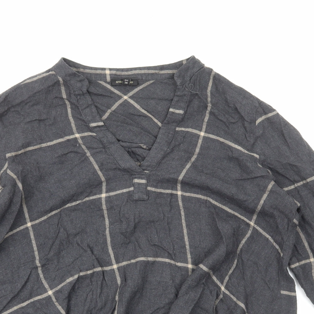 River Island Womens Grey Check Viscose Basic Blouse Size 10 V-Neck