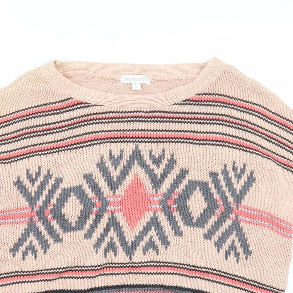 Monsoon Womens Pink Boat Neck Geometric Cotton Pullover Jumper Size S
