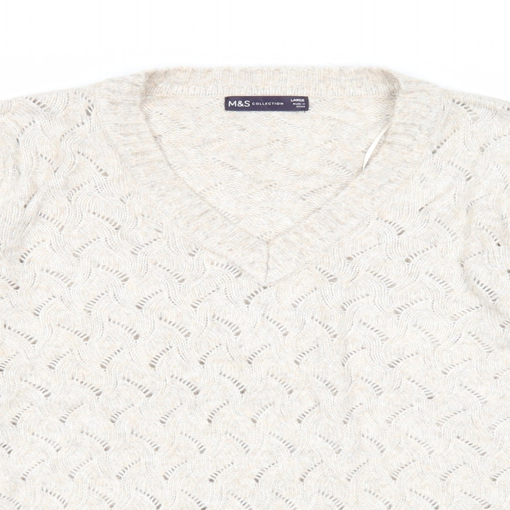 Marks and Spencer Womens Beige V-Neck Polyester Pullover Jumper Size L