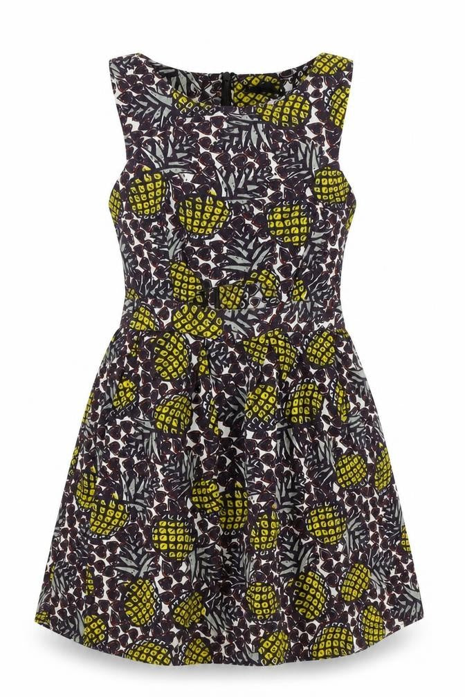 Topshop Womens Brown Geometric 100% Cotton Mini Size 10 Boat Neck Zip - Pineapple Print
