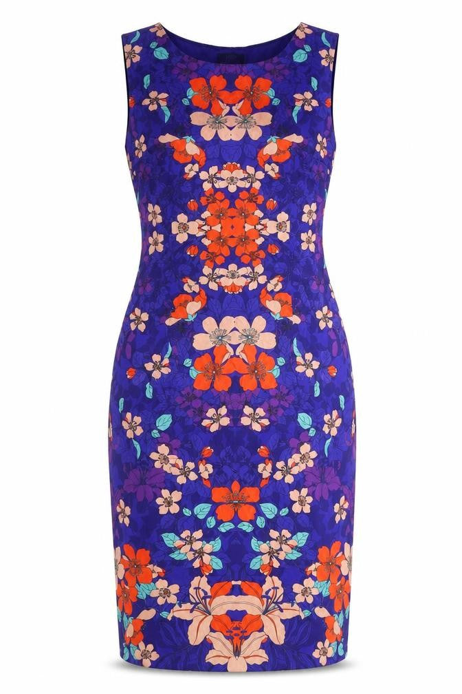 F&F Womens Blue Floral Polyester Pencil Dress Size 10 Boat Neck Zip