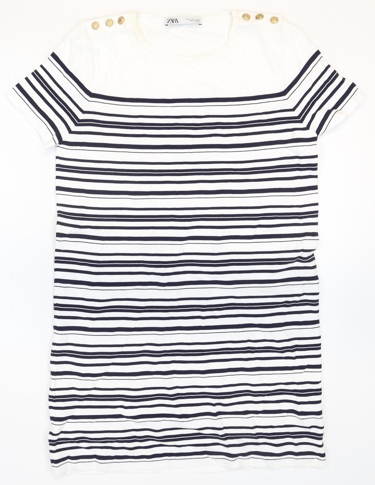 Zara Womens White Striped Polyamide T-Shirt Dress Size S Round Neck Pullover
