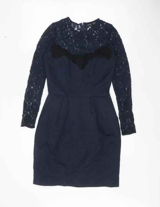 Warehouse Womens Blue Polyester Pencil Dress Size 6 Round Neck Zip - Lace Top