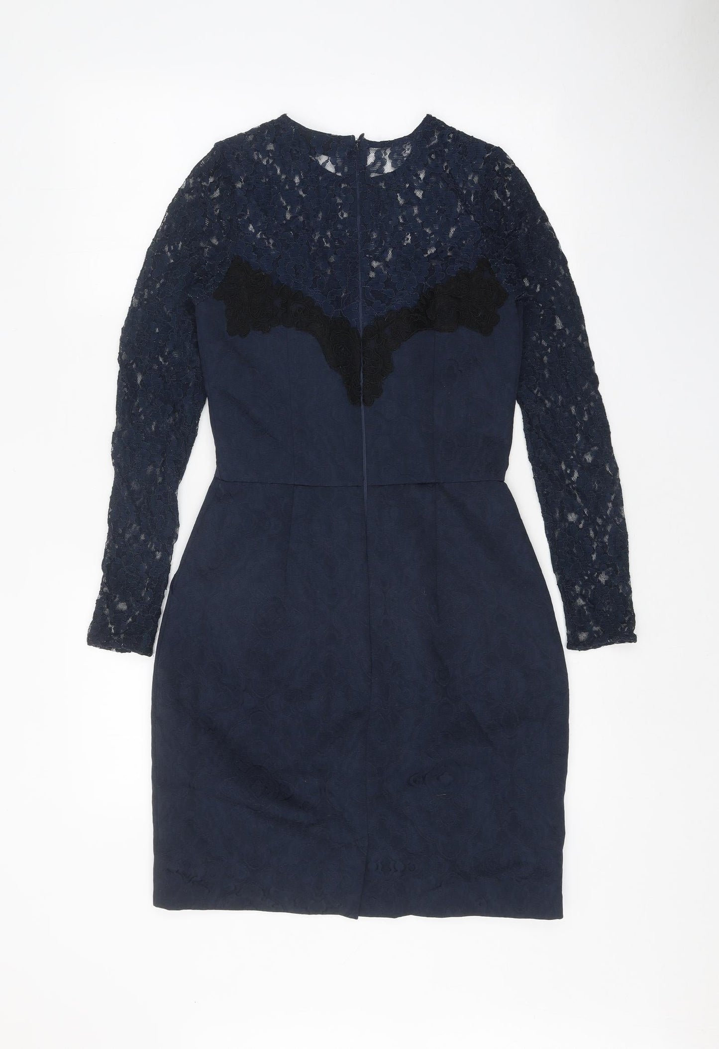 Warehouse Womens Blue Polyester Pencil Dress Size 6 Round Neck Zip - Lace Top