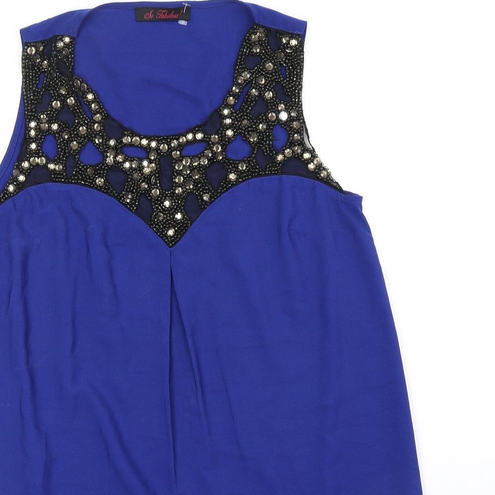 So Fabulous Womens Blue Polyester Basic Blouse Size 14 Scoop Neck