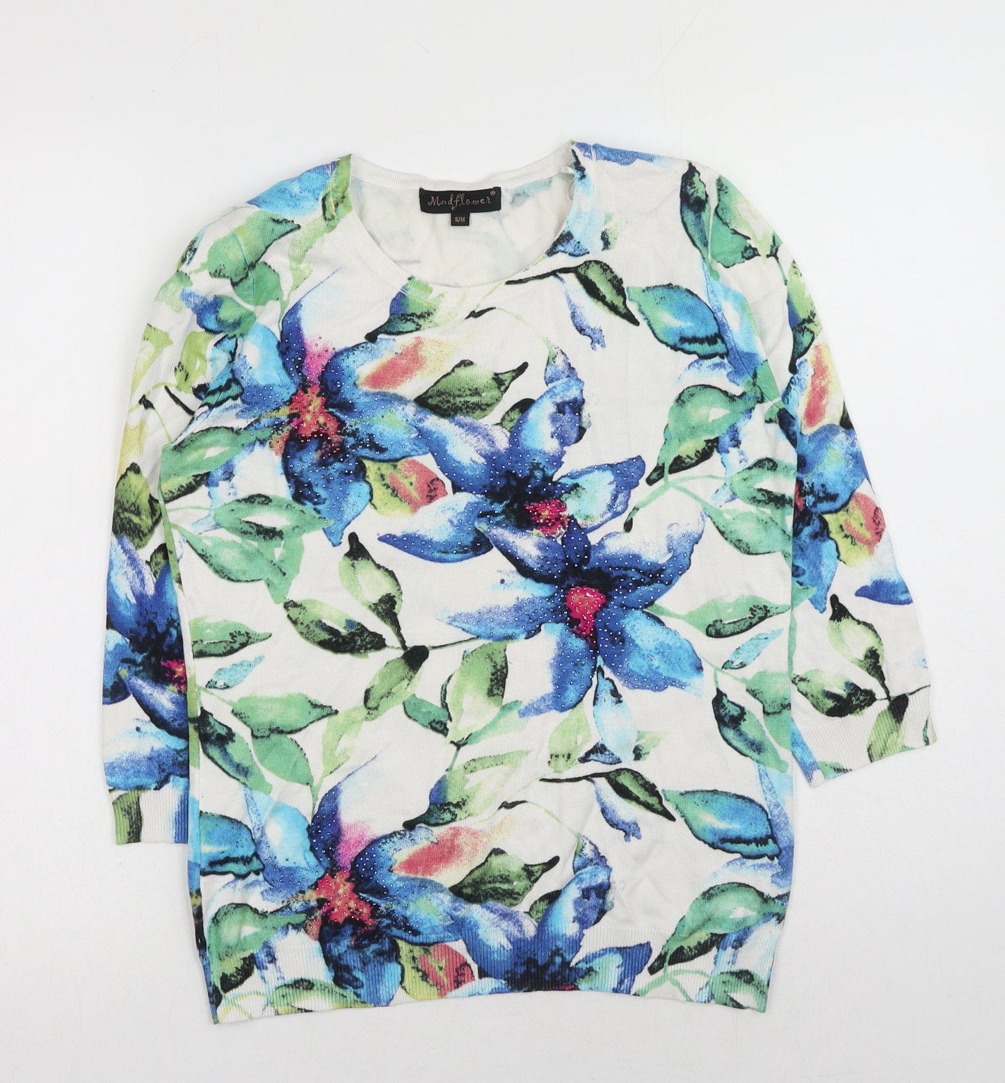 Mindful Flowers Womens Blue Round Neck Floral Viscose Pullover Jumper Size S