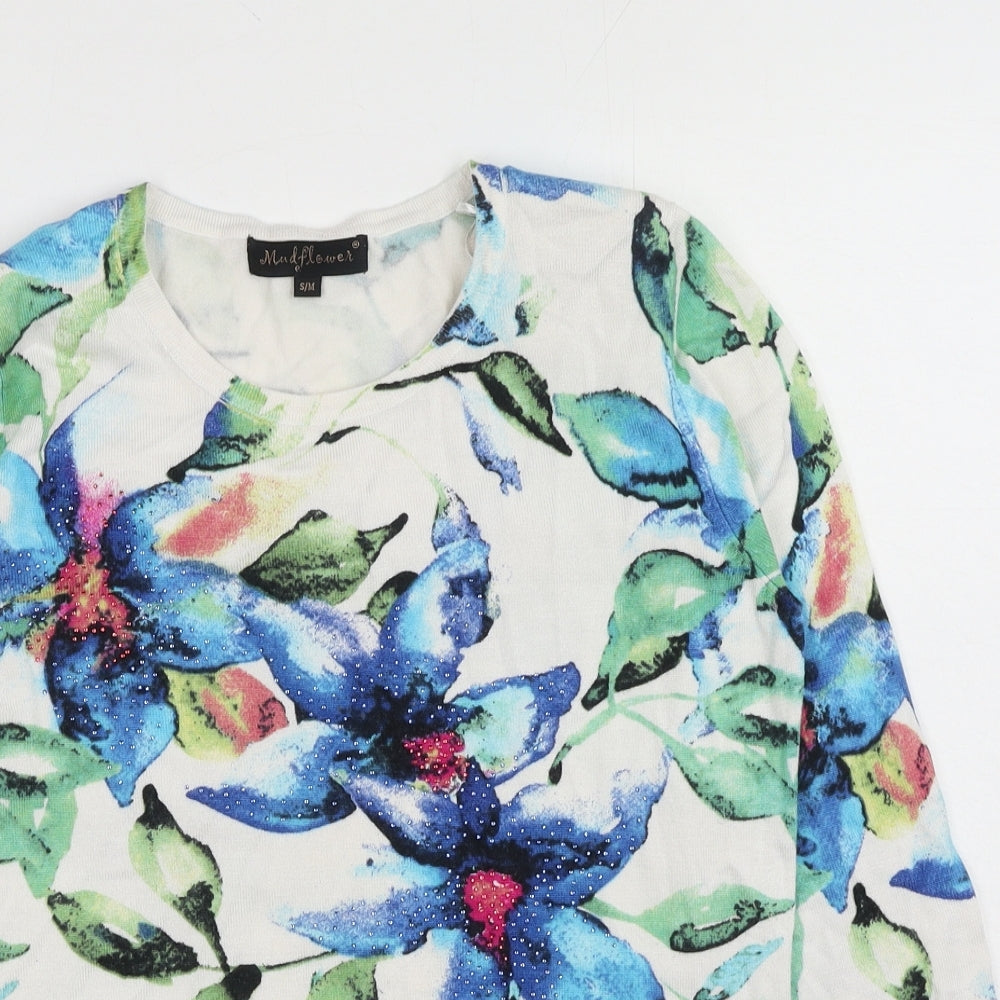 Mindful Flowers Womens Blue Round Neck Floral Viscose Pullover Jumper Size S
