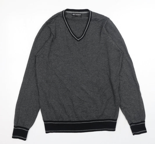 Marks and Spencer Mens Black V-Neck Striped Cotton Pullover Jumper Size S Long Sleeve
