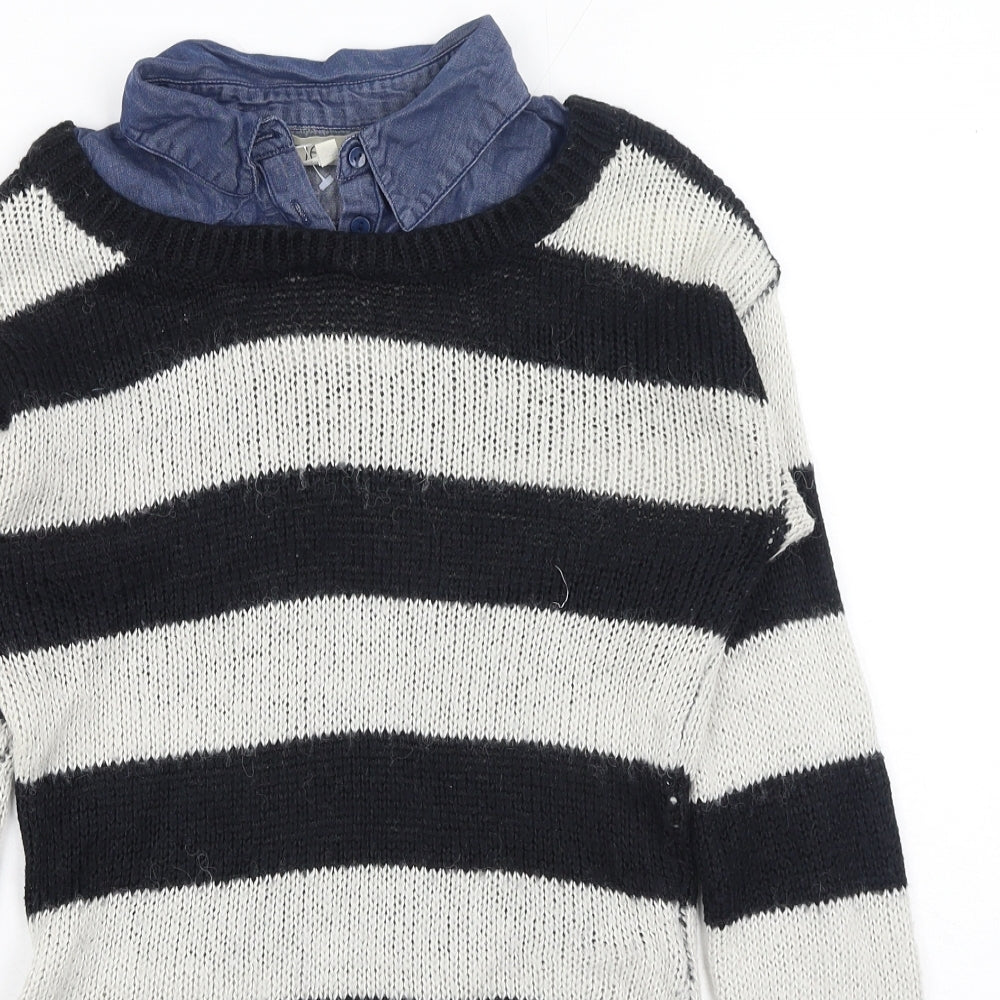 NEXT Womens Blue Collared Striped Acrylic Pullover Jumper Size 10