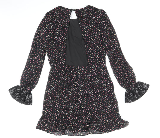 fuse Womens Black Floral Polyester Fit & Flare Size 14 Round Neck Button
