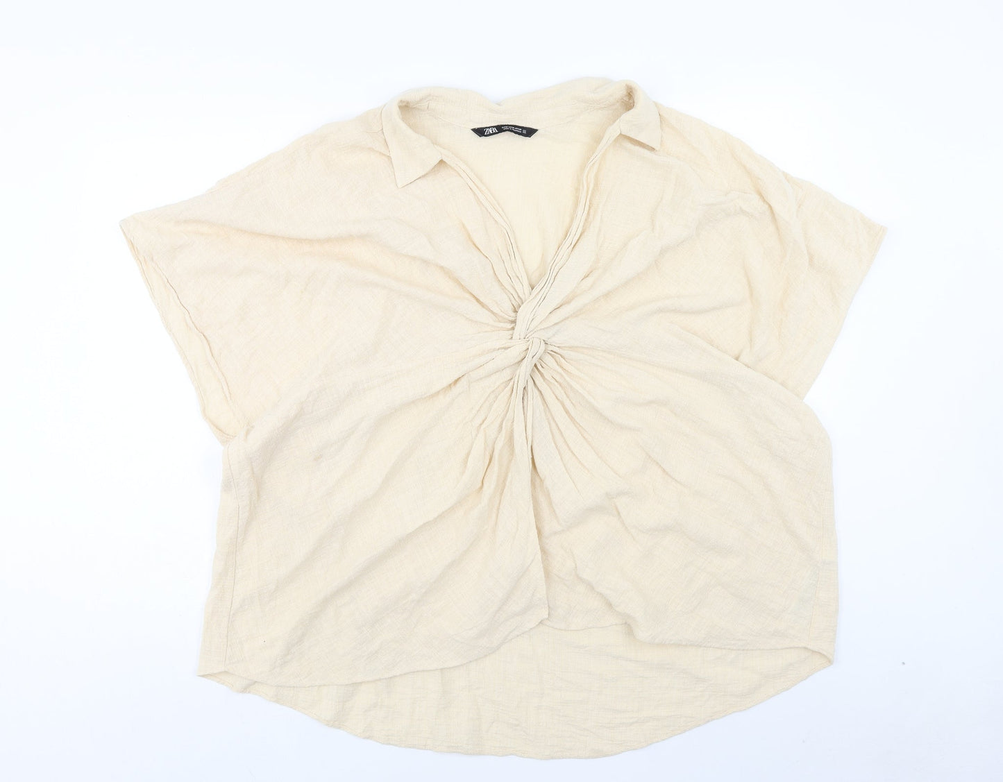 Zara Womens Beige Cotton Basic Blouse Size M Collared - Knot Front