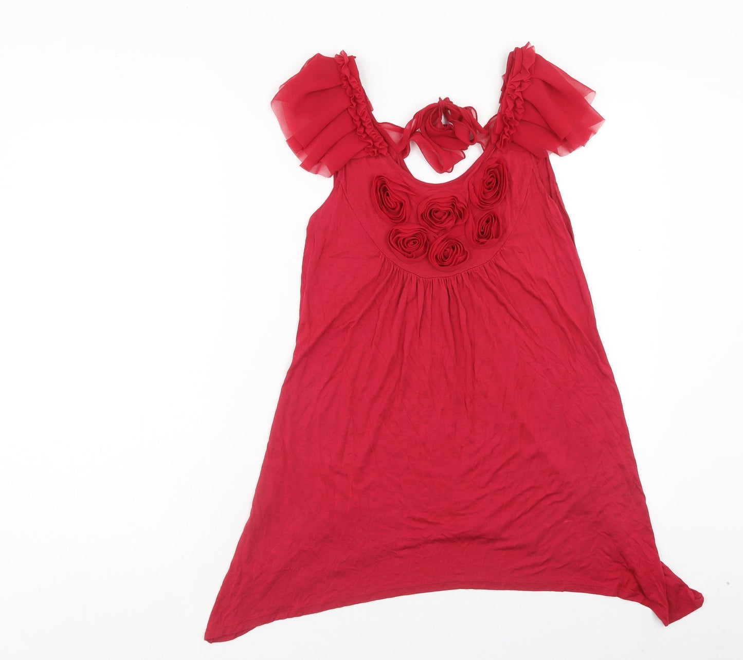 NEXT Womens Pink Viscose Tunic Tank Size 12 Scoop Neck - Chiffon Rose Detail, Hanky Hem
