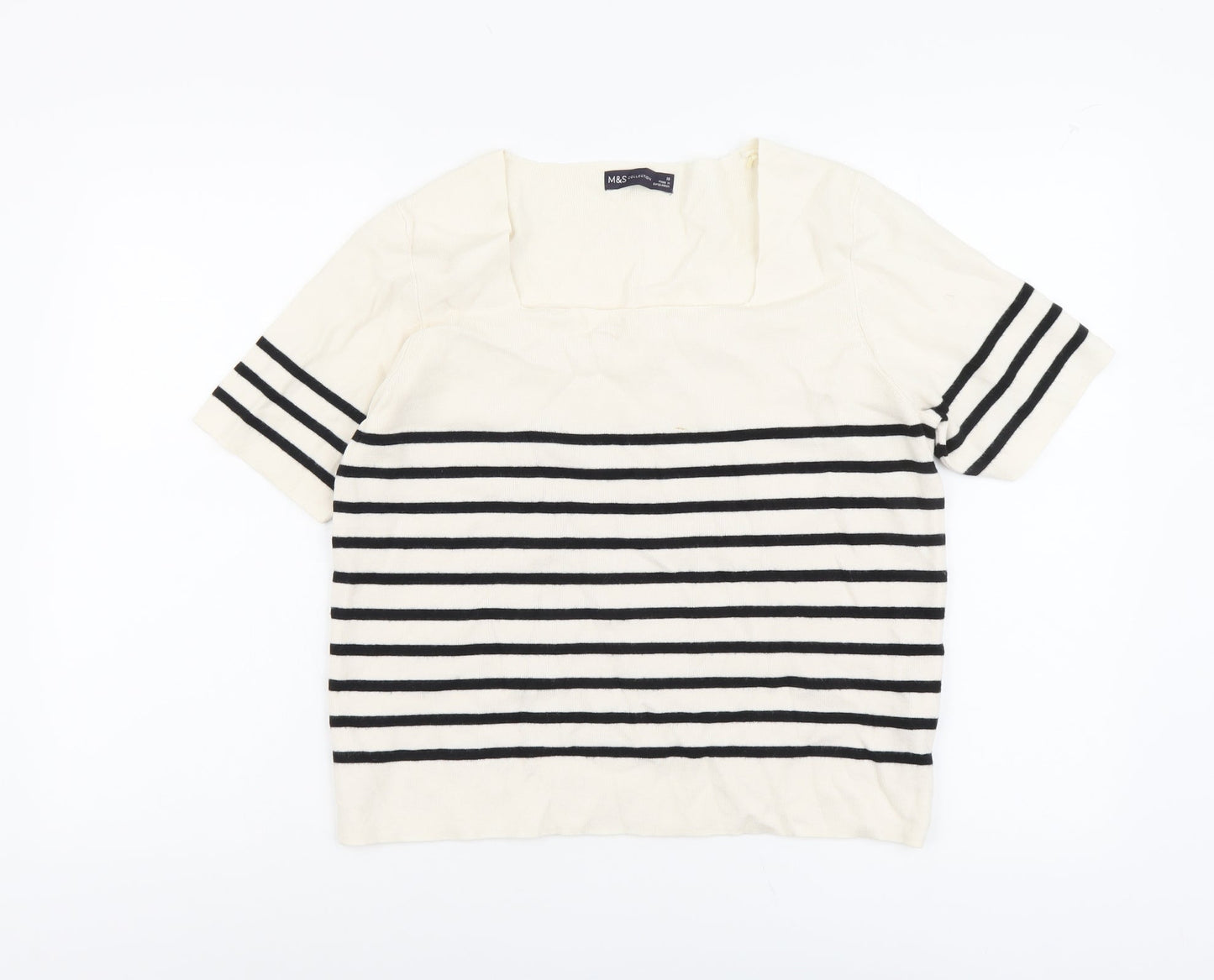 Marks and Spencer Womens Beige Square Neck Striped Polyester Pullover Jumper Size 18